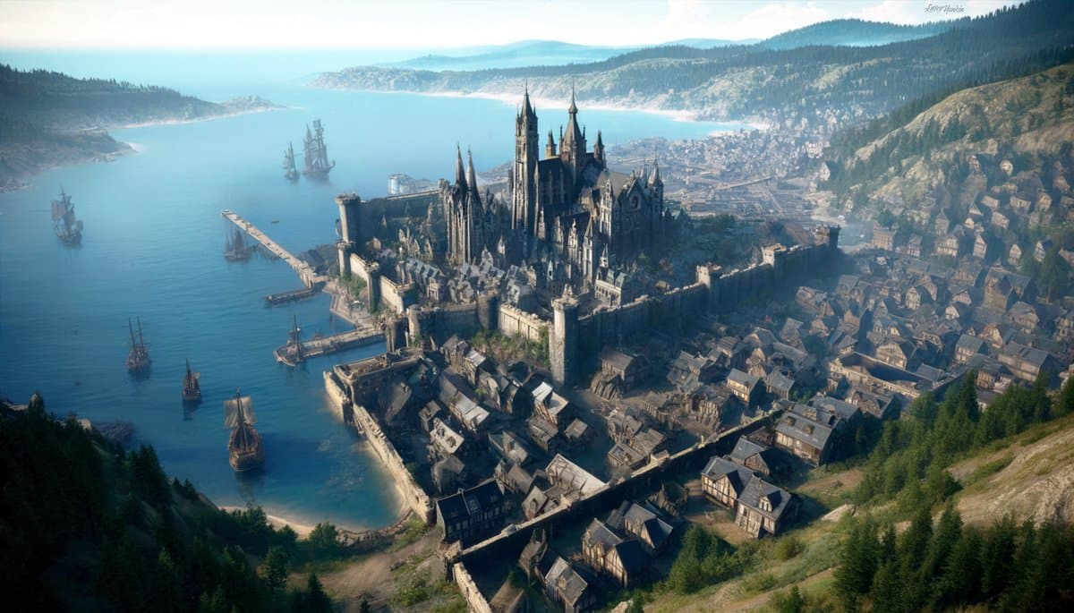 Fort Valiance from the surrounding hills — a grand coastal city with cathedral spires