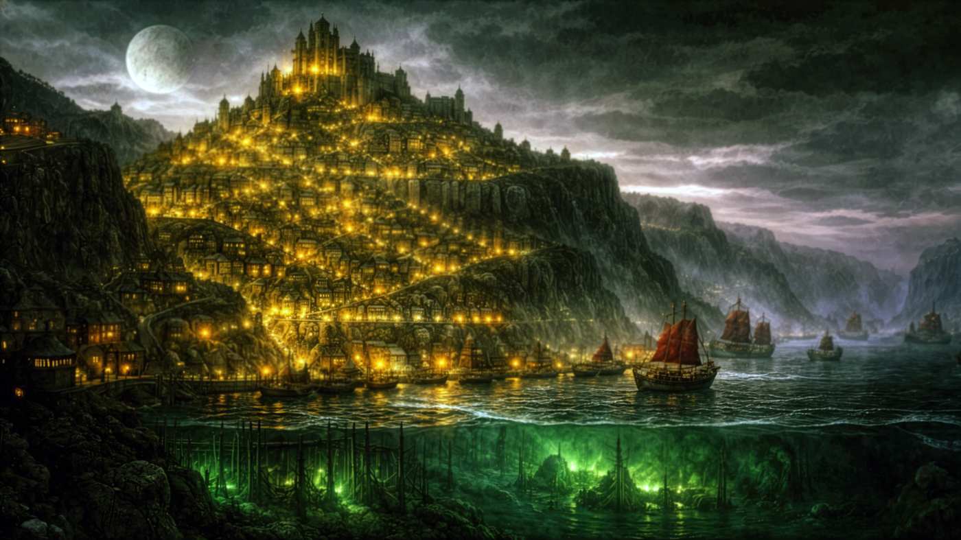 Fort Valiance at night — lanterns glow along canal-side streets