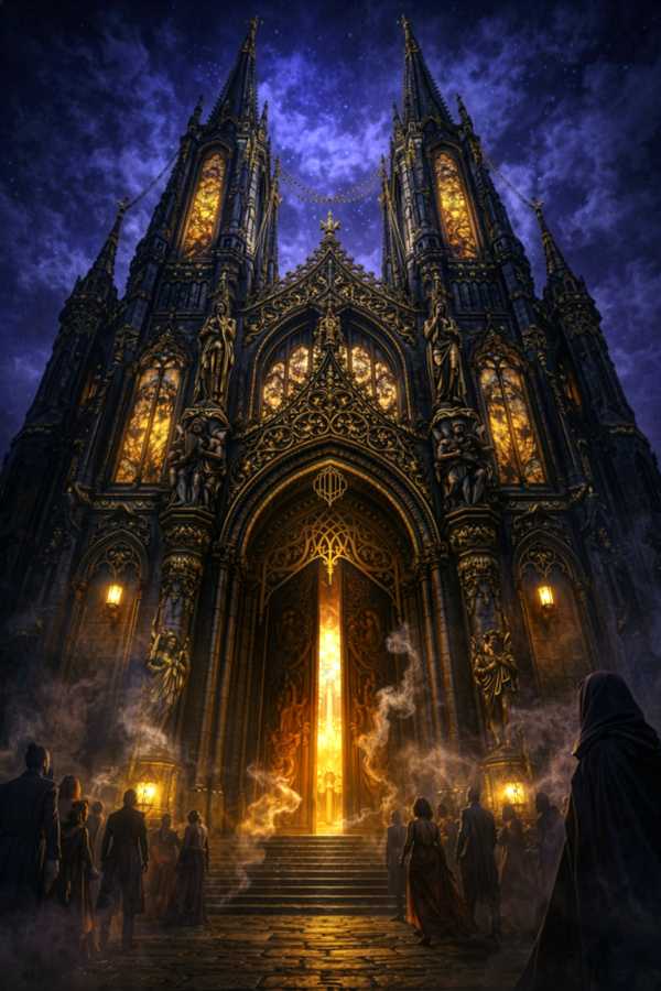 The Cathedral of Radiance — a golden-spired temple of Solara