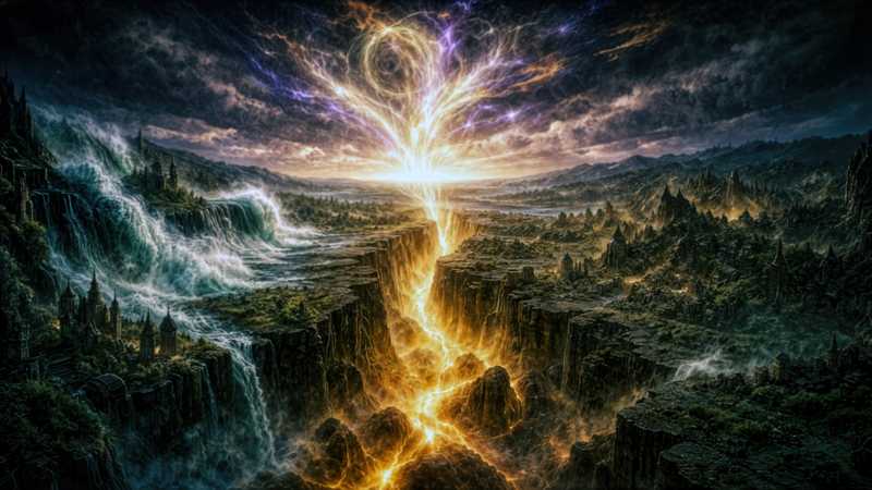 The Sundering: Fragments of the divine realm becoming the floating islands of Zephyria