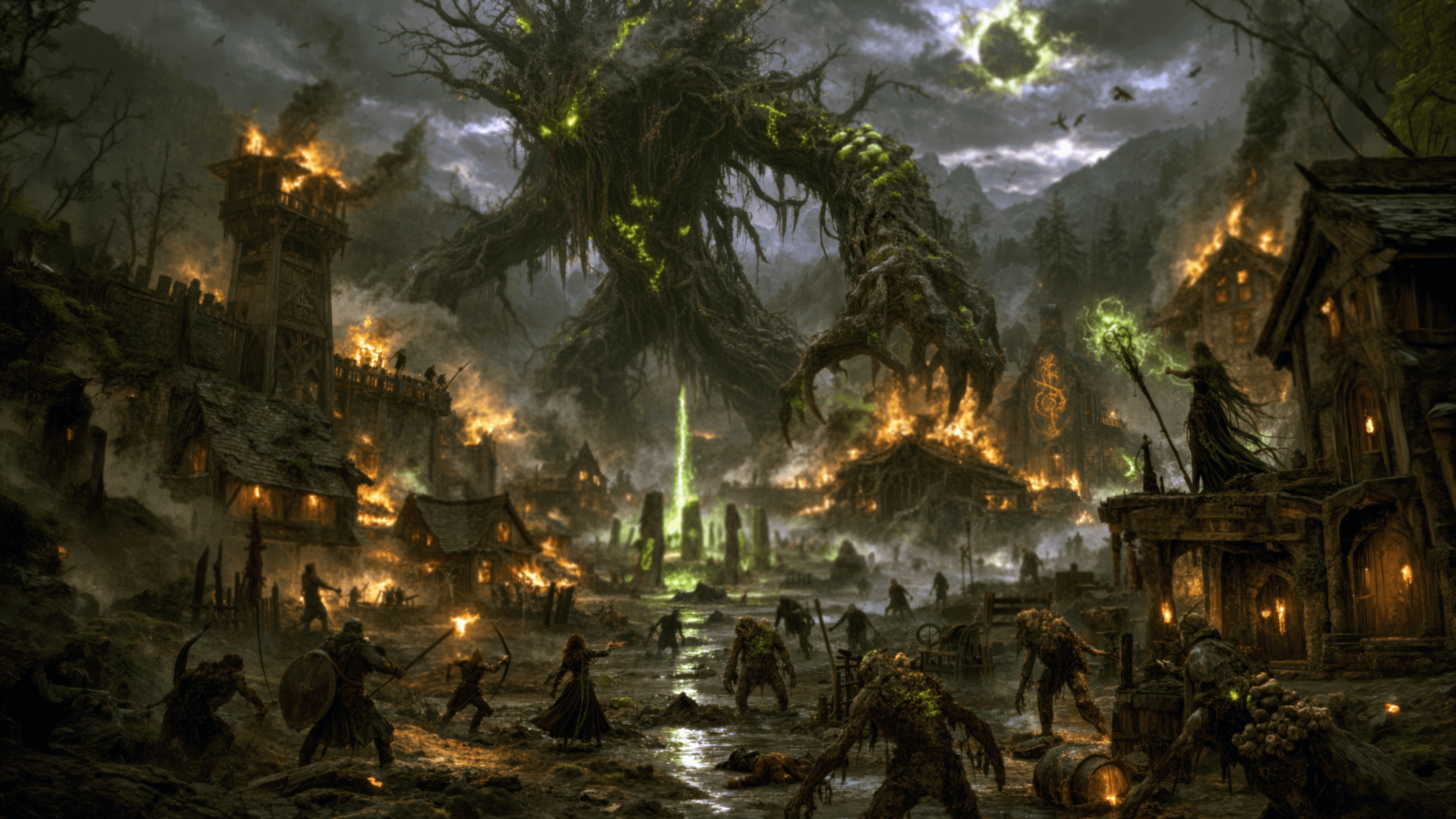 The Rootweaver, a colossal blighted tree-creature, attacks the settlement of Thornhaven with green eldritch energy as fires rage and defenders scramble
