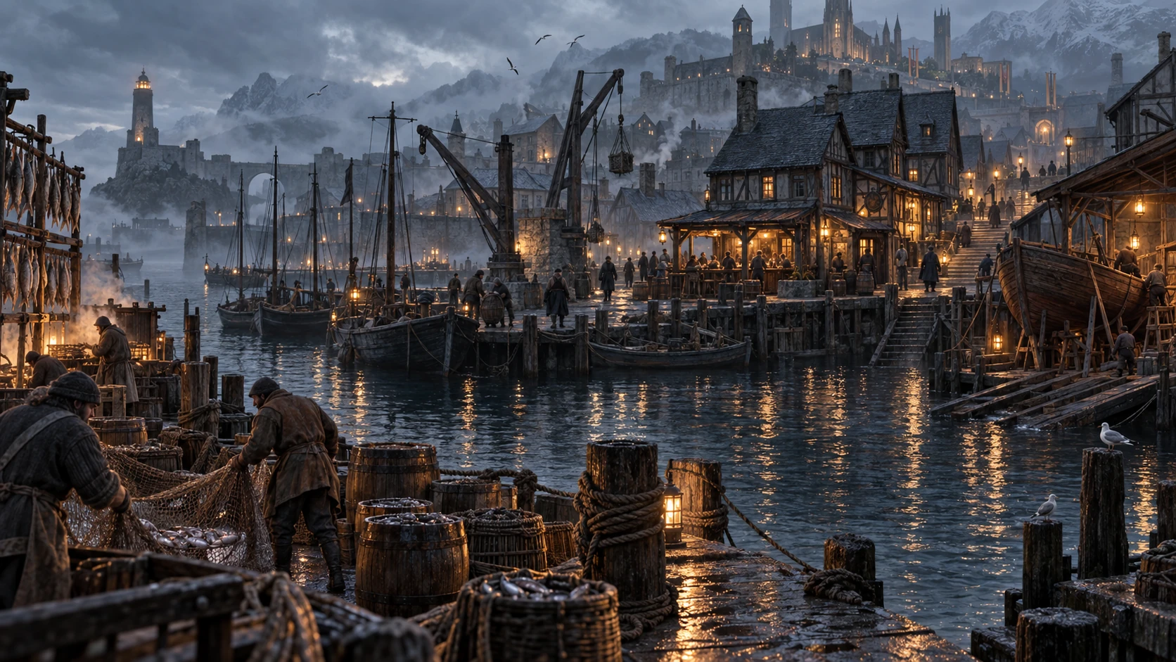 Lantern-lit harbour below the coastal city, from the Asphodel game project's scene artwork