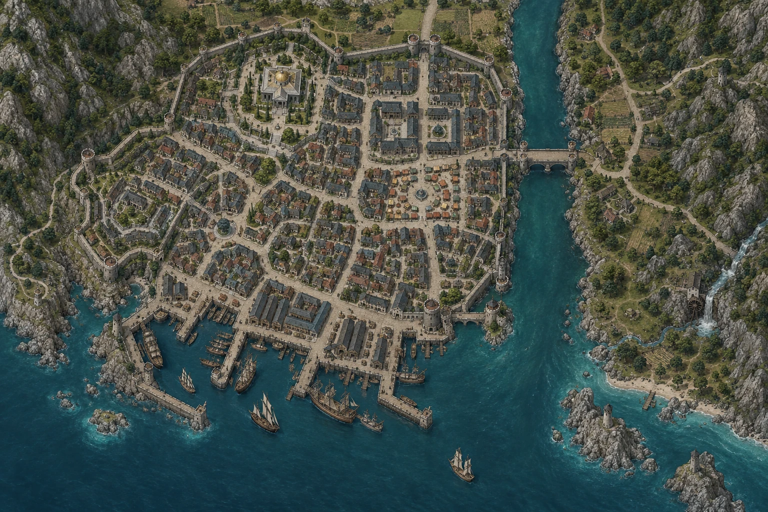 Silverwatch Haven city atlas showing its streets, river and harbour
